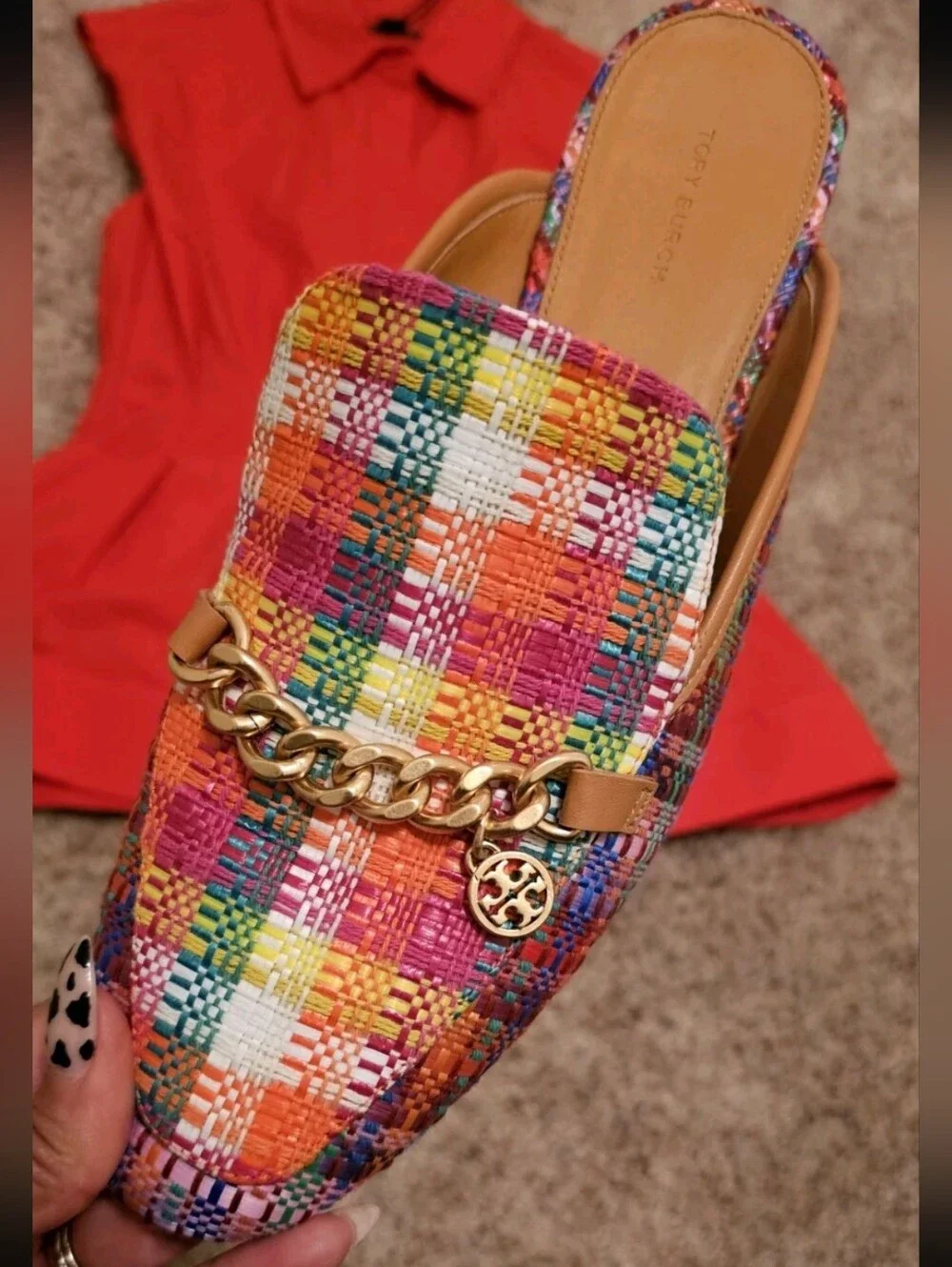 Tory Burch Leather Mini Benton Multi Plaid Loafer w/Gold Charm 10.5-Retail $299